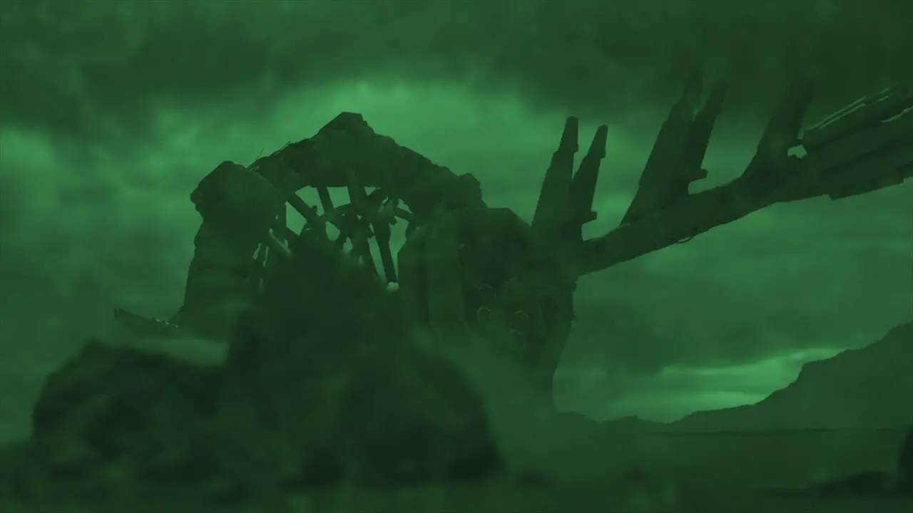 Cinematic shot of a stormy ancient alien crash site with a smooth tracking shot of a vast hulk of a derelict space ship in the distance through an electrical silicate storm green color scheme