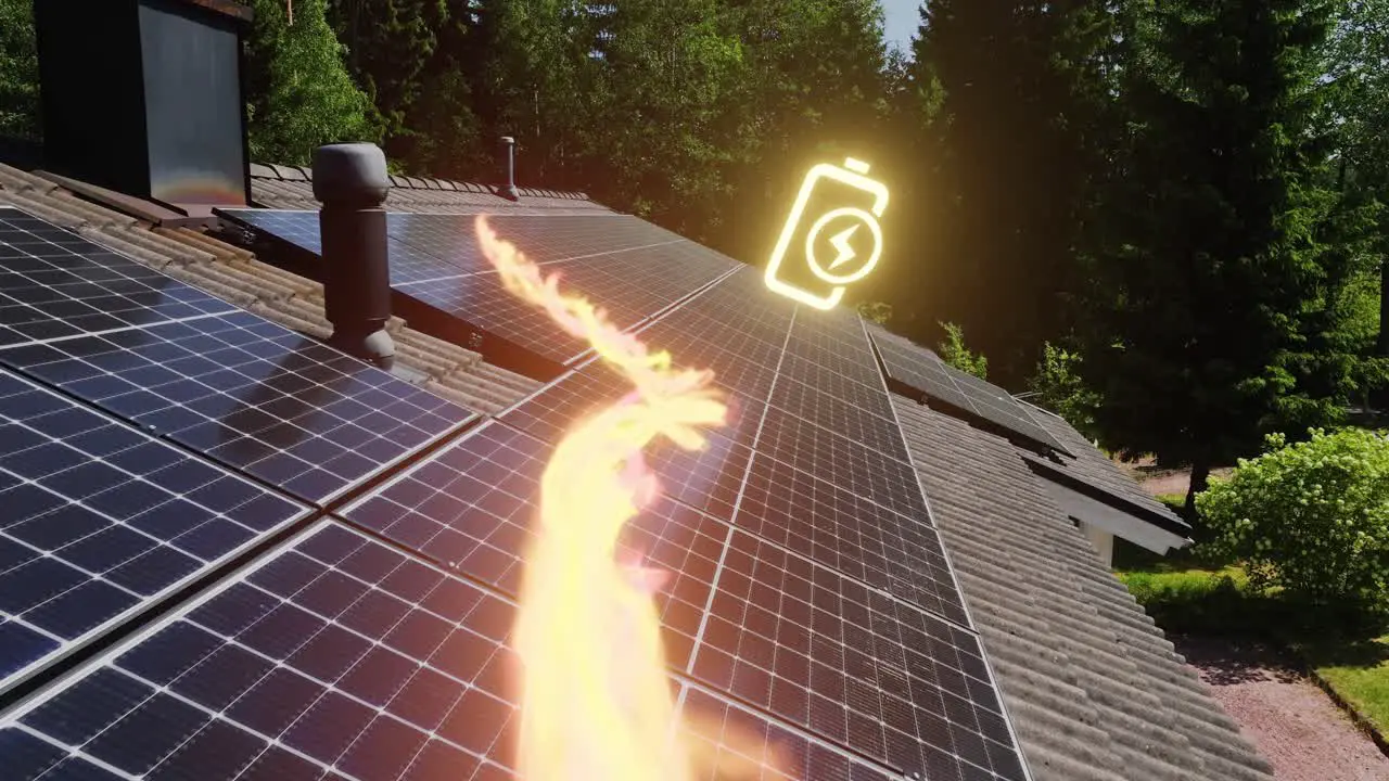 Solar Energy moving over Photovoltaic modules on a house roof- 3D render