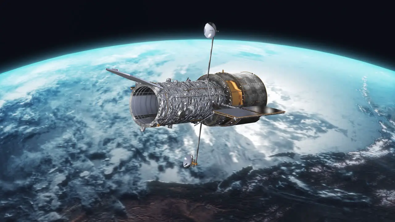 Hubble Space Telescope High Above Earth Atmosphere Revolving and Aligning to Take Pictures of Universe with Solar Panels Realistic 3D CGI Animation 4K