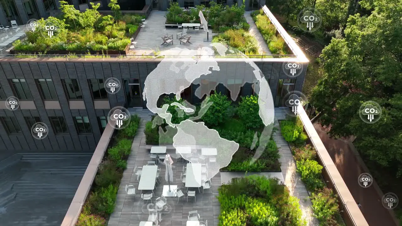 Net zero rooftop garden with globe and CO2 reduction animation