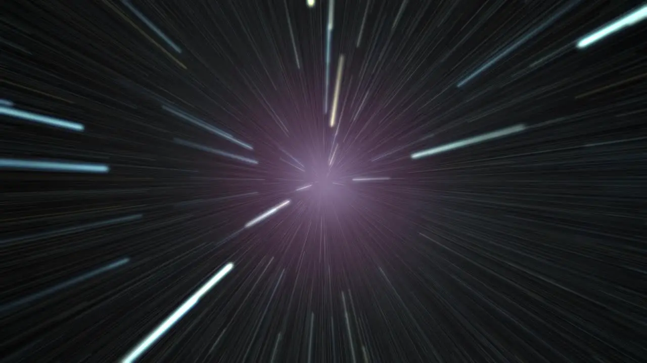 Animation of hyperspace journey through wormhole in deep space with wormhole of swirling vortex of energy and light and stars distorted and stretched