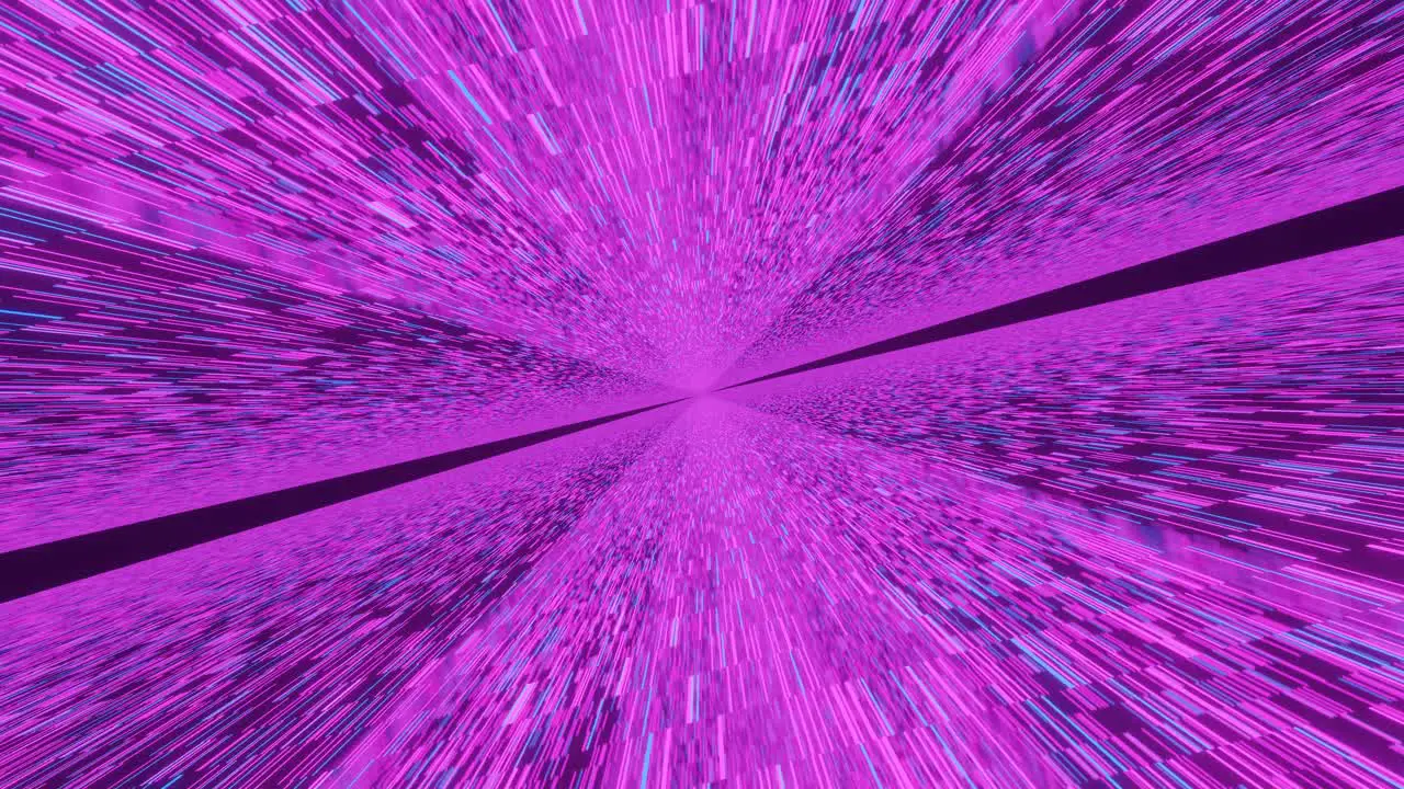 Computerized animation of moving fast through purple space tunnel with numerous fast moving minute particles