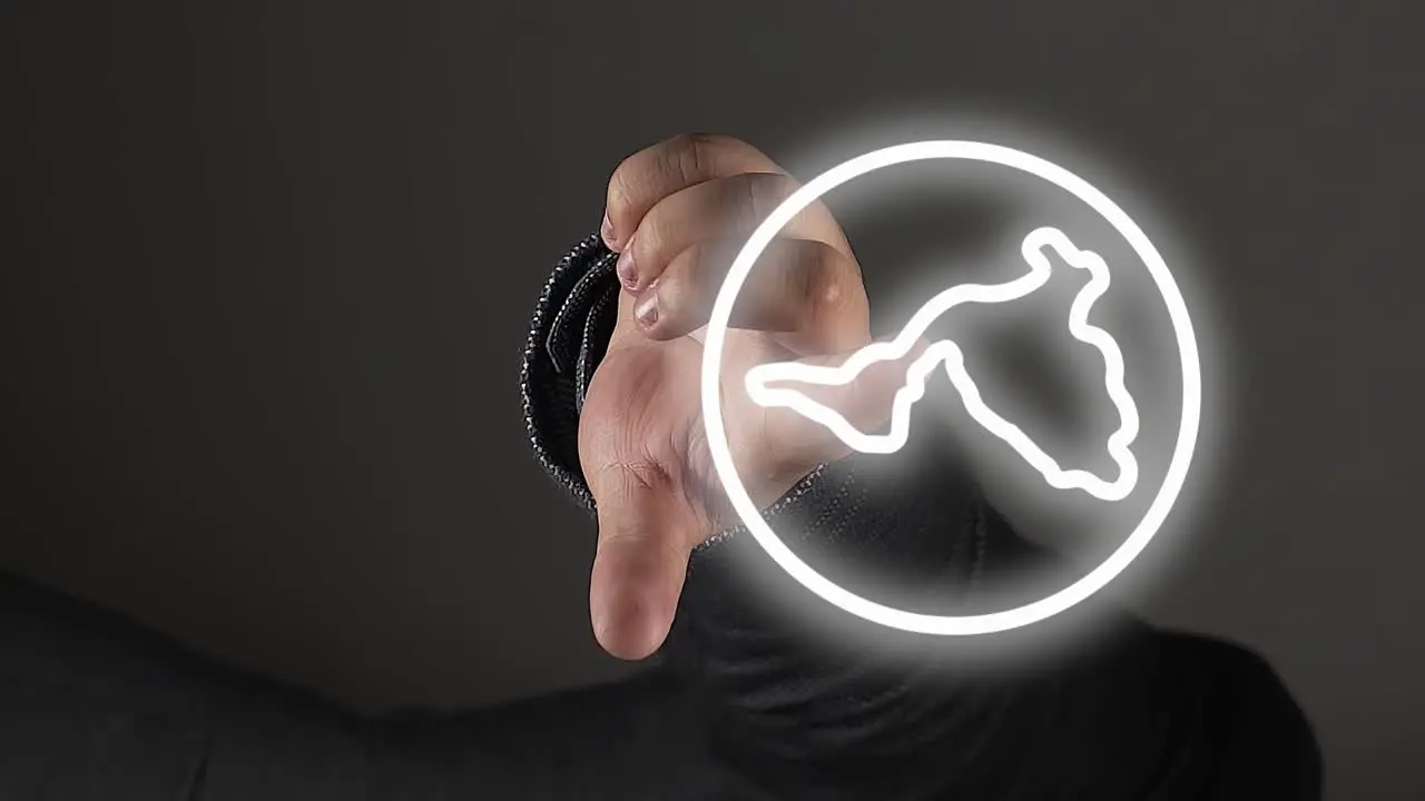 Close up shot of male hand pointing with finger and showing digital north america country sign