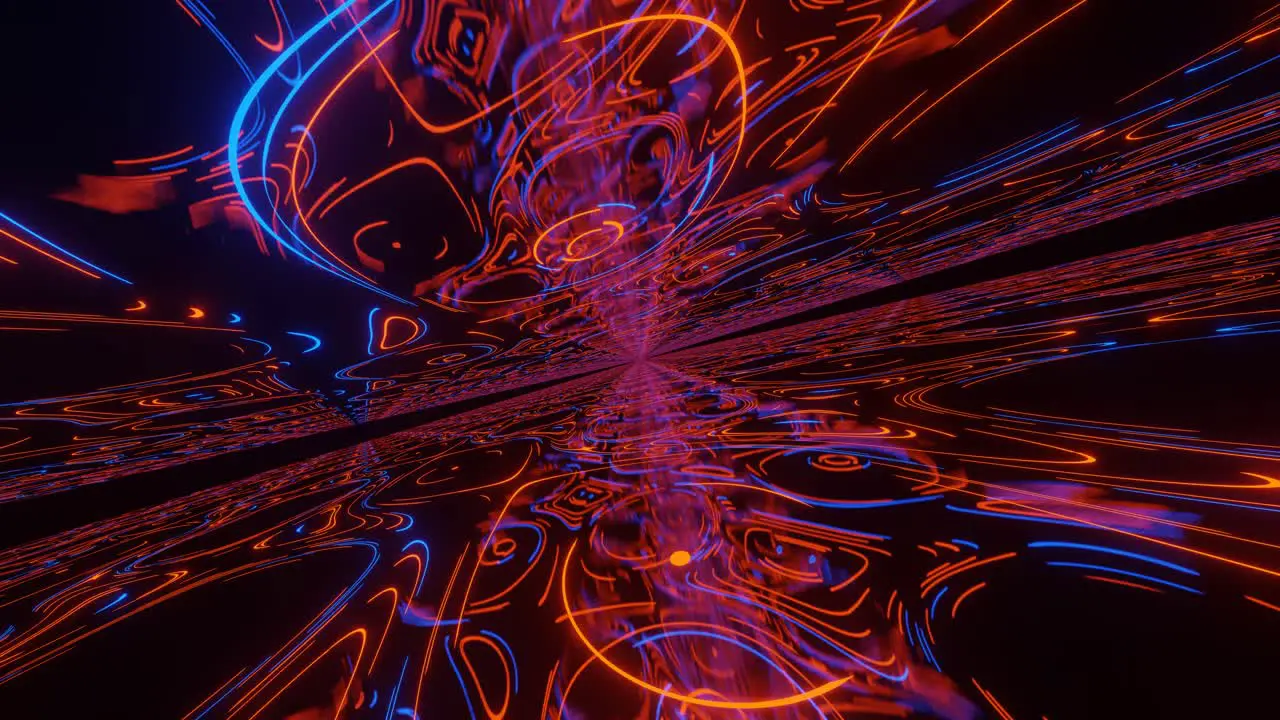 Computerized animation of moving fast through dark red space with numerous fast moving shapes