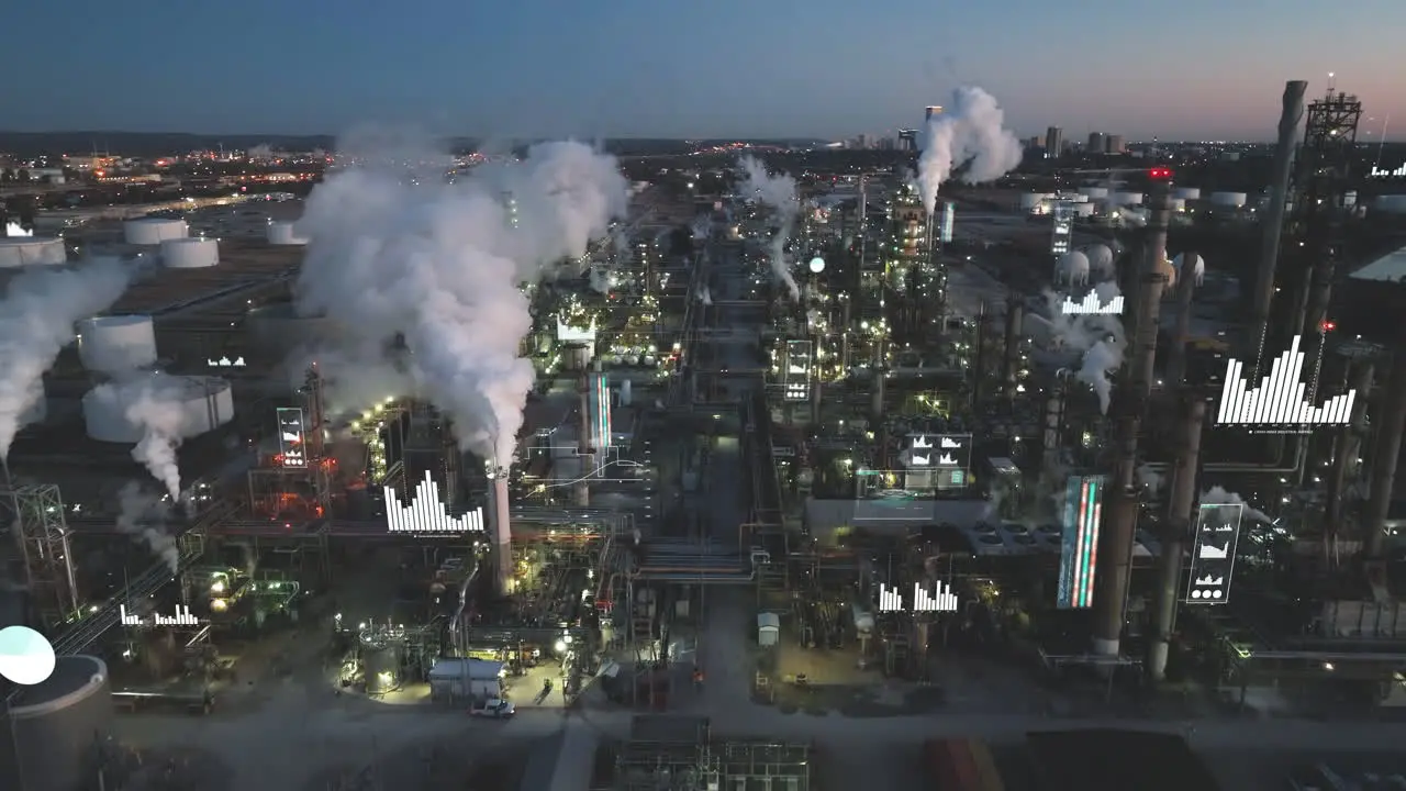 Aerial reveal through smoke of high tech oil refinery