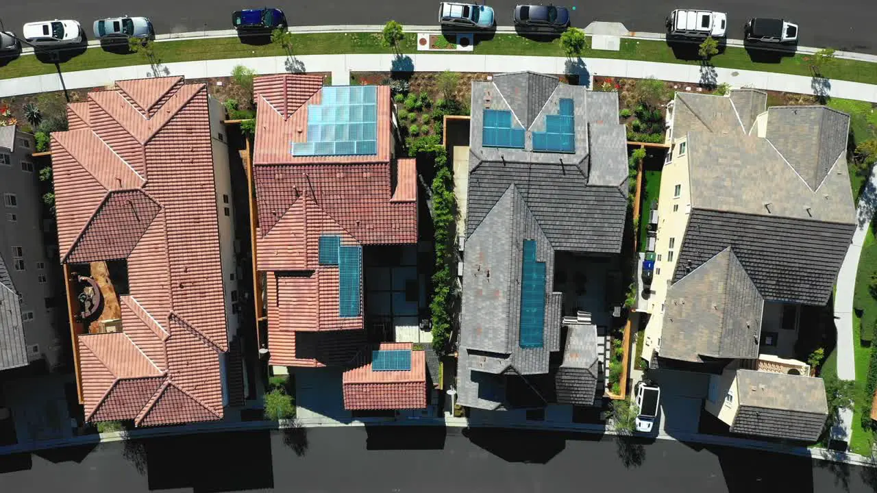 Top down aerial of solar powered neighborhood houses in USA CGI visualizaton