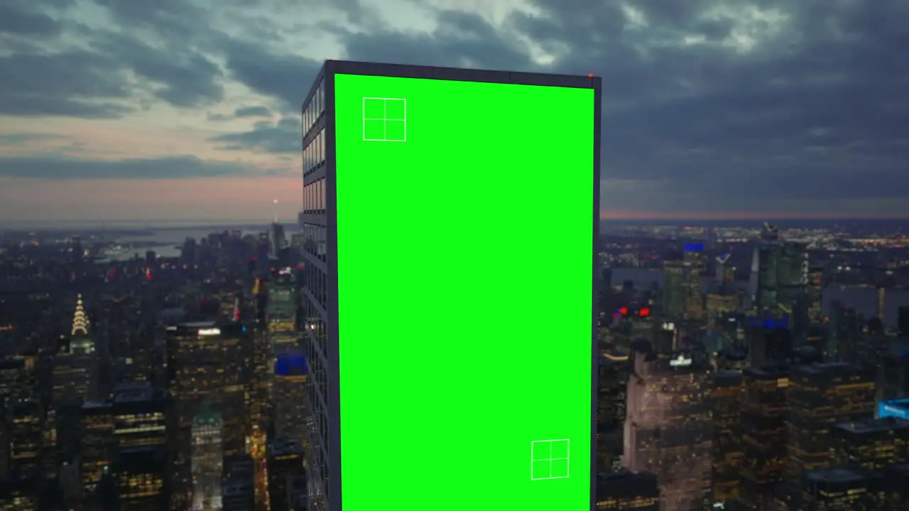 Green screen on side of a skyscraper in New York with tracking markers 3D render