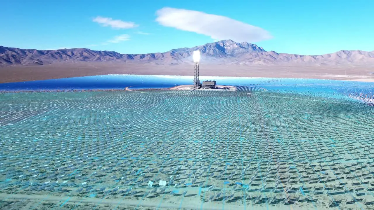 Heliostats concentrating solar-thermal power to a desert salt tower VFX render