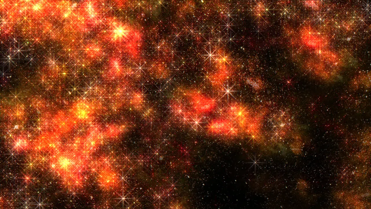 Universe with flying stars with glitters and red clouds