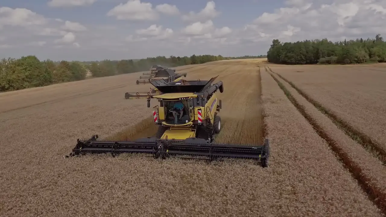 Circular drone view around a group of combine harvesters collecting wheat