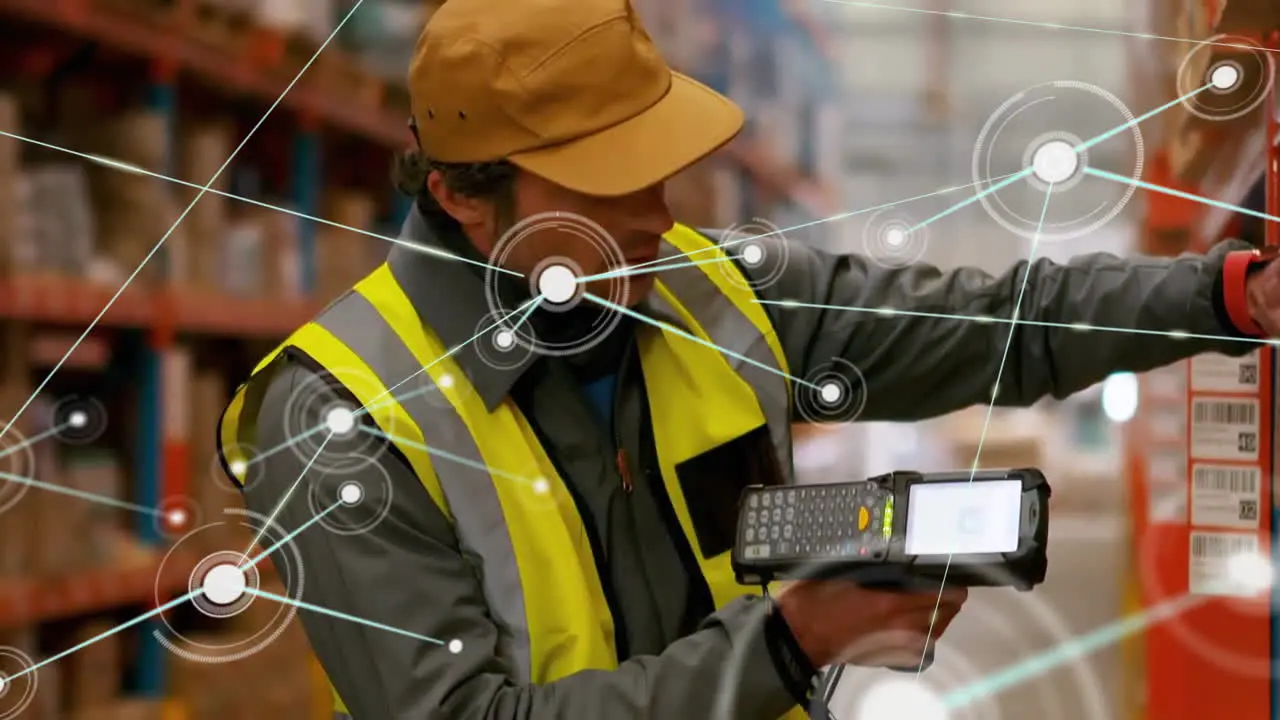 Animation of communication network over caucasian male worker using scanner at warehouse