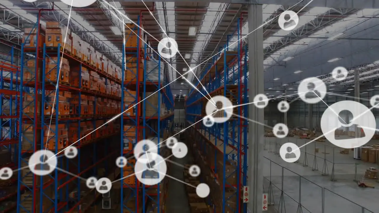 Animation of network of people icons over shelves at goods storage warehouse