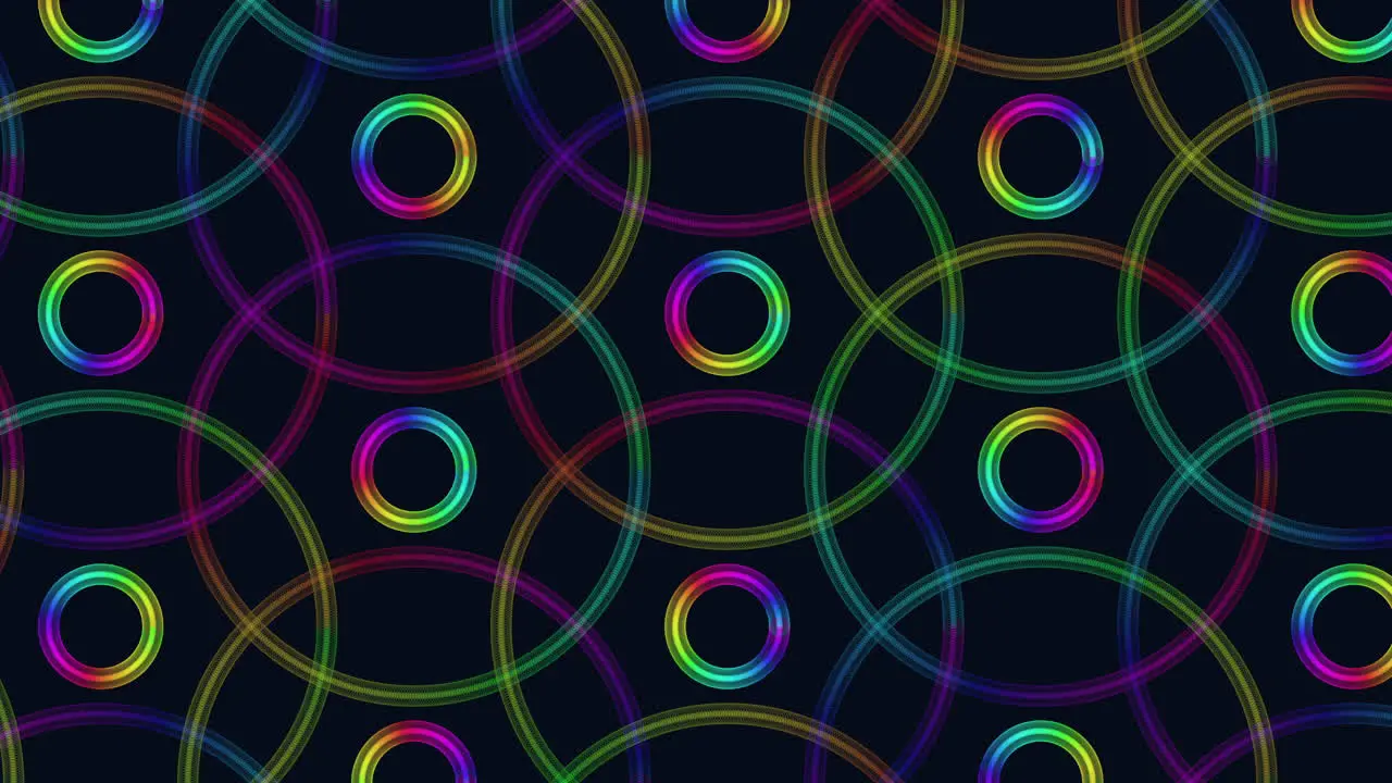 Digital cyberpunk neon pulse trace circles pattern in rows on black gradient