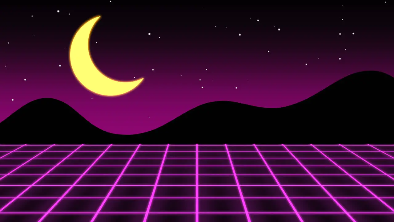 Neon mountain and moon with retro grid in galaxy