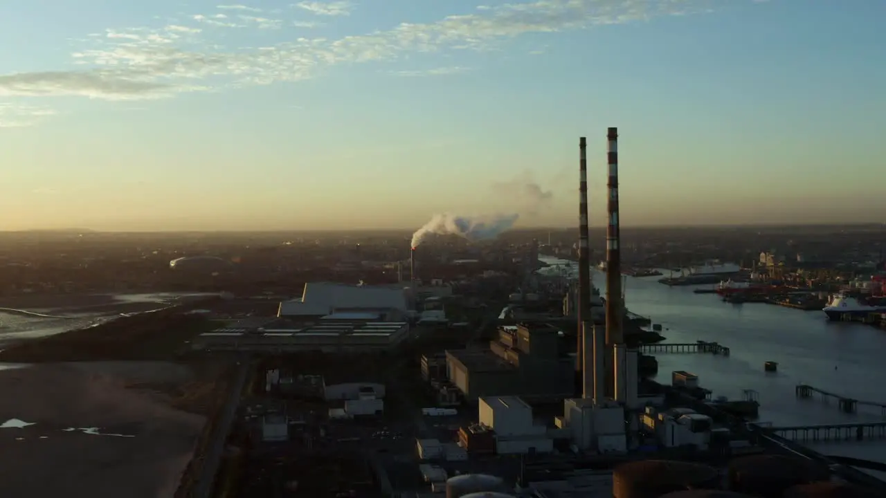 Birds eye view of Dublin Bay Power Plant in the evening truck left