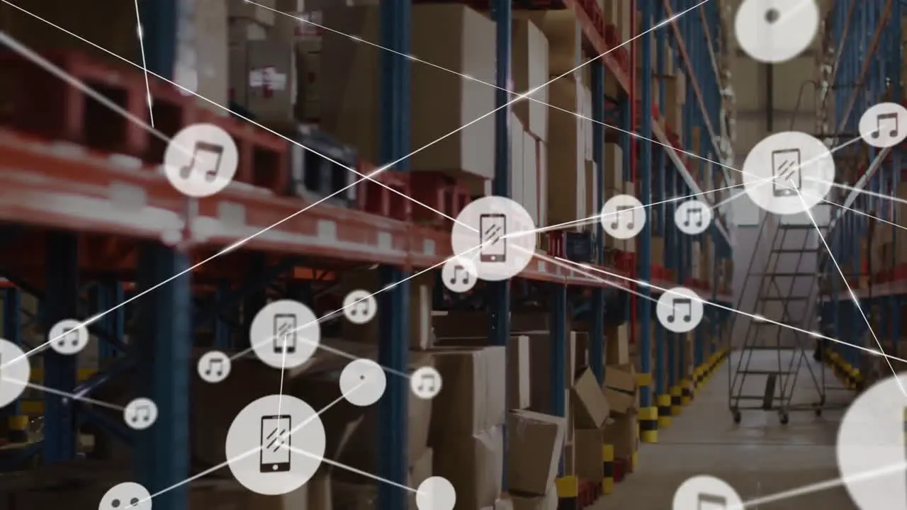 Animation of network of media icons over shelves at goods warehouse