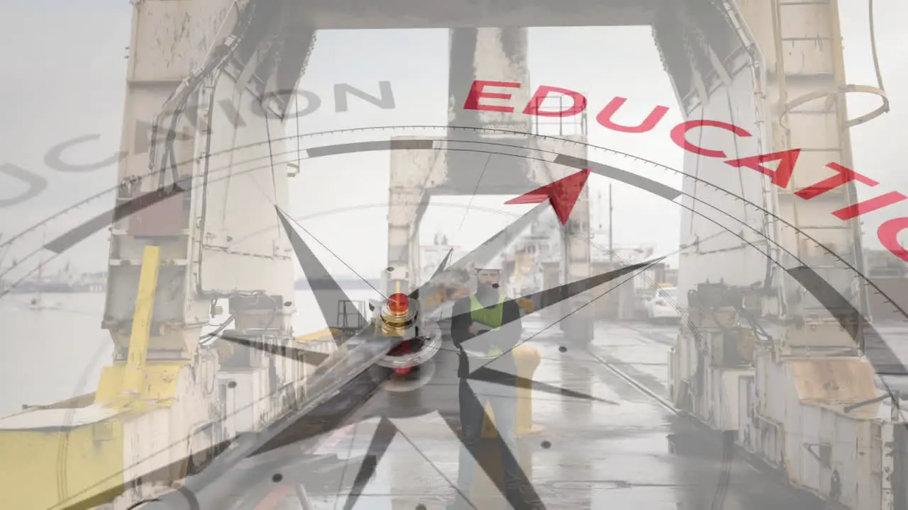 Animation of compass with arrow pointing to education text over caucasian male worker at dockyard