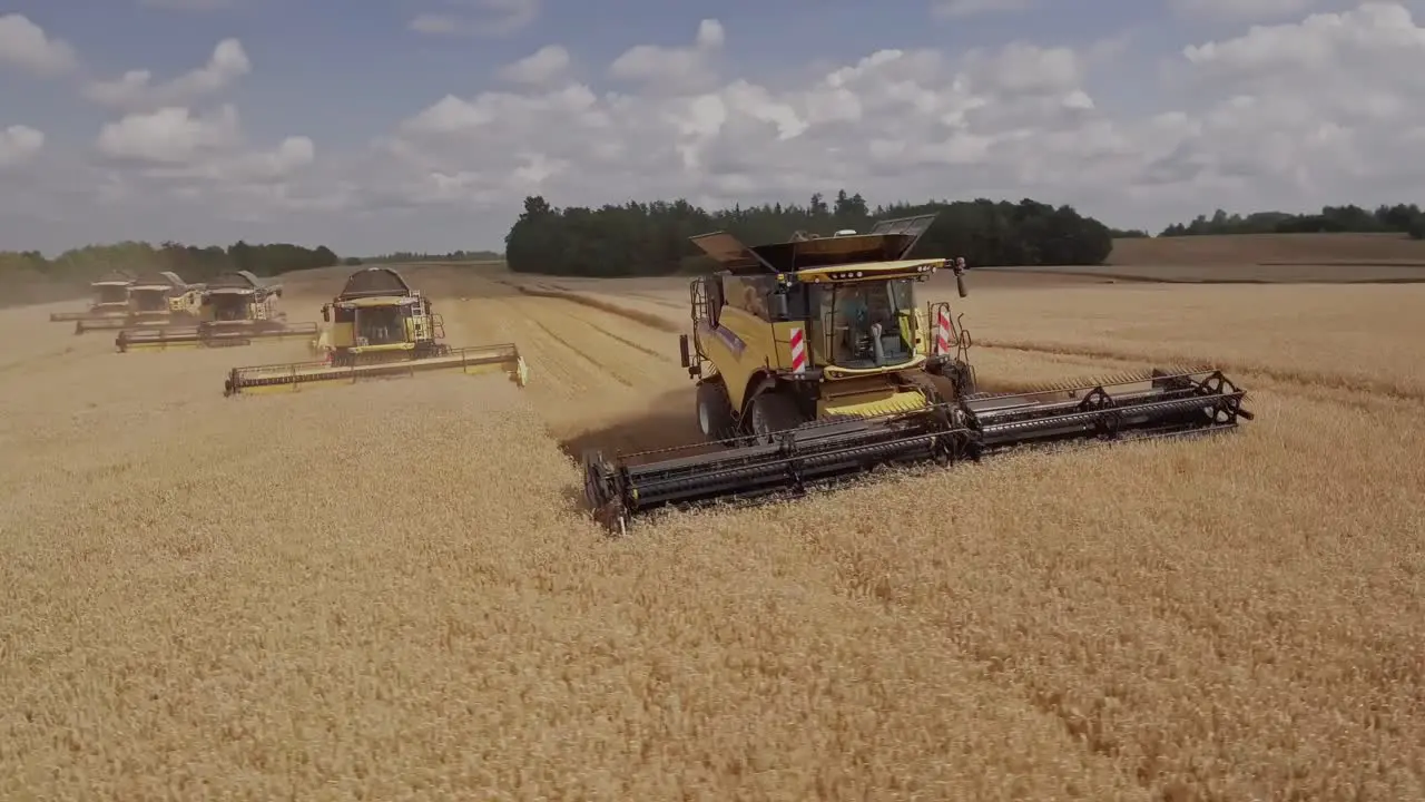 Circular aerial movement around a team of combine harvesters collecting golden wheat during harvest season