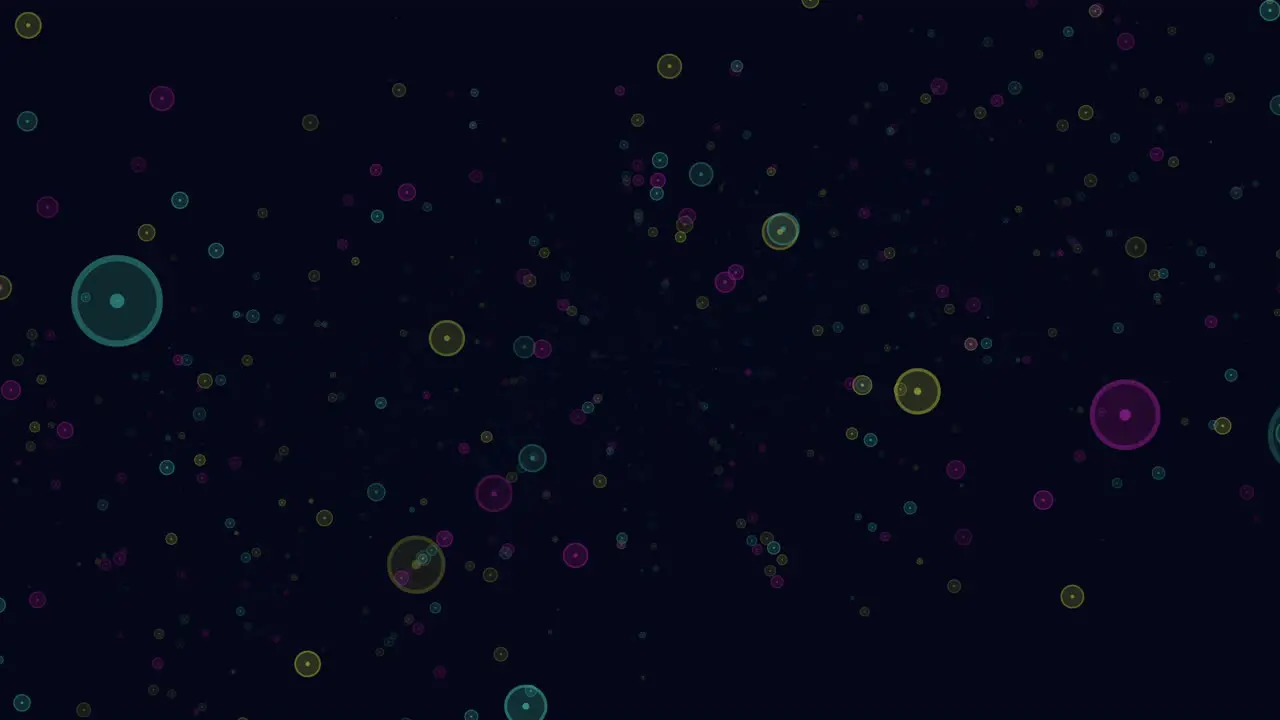 Vibrant spiral network circles connected in a colorful pattern on black background