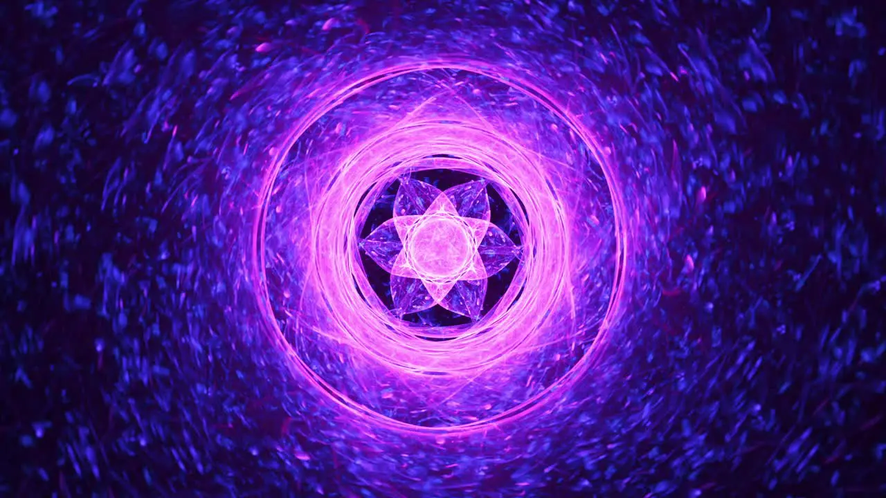 Crystalized purple flowering nucleus seamless looping fractal spirals abstract background relaxing meditative spiritual fusion intricate kaleidoscope mandala sacred colorful imagination geometry