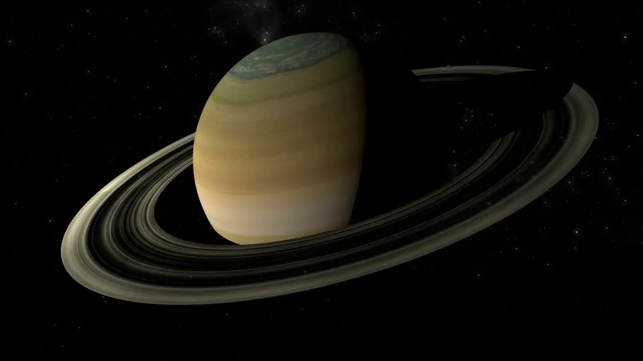 Stunning 3D VFX view of Saturn as the camera orbits slowly for a dramatic view of the planet�s iconic rings