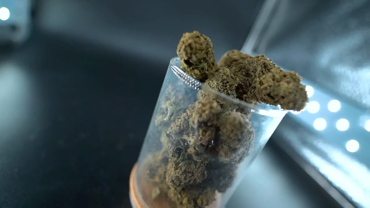 A close up detailed rotating zoom out shot of a cannabis plant marijuana flower in a shiny glass hybrid strains Indica and sativa 120 fps slow motion Full HD cinematic studio lighting