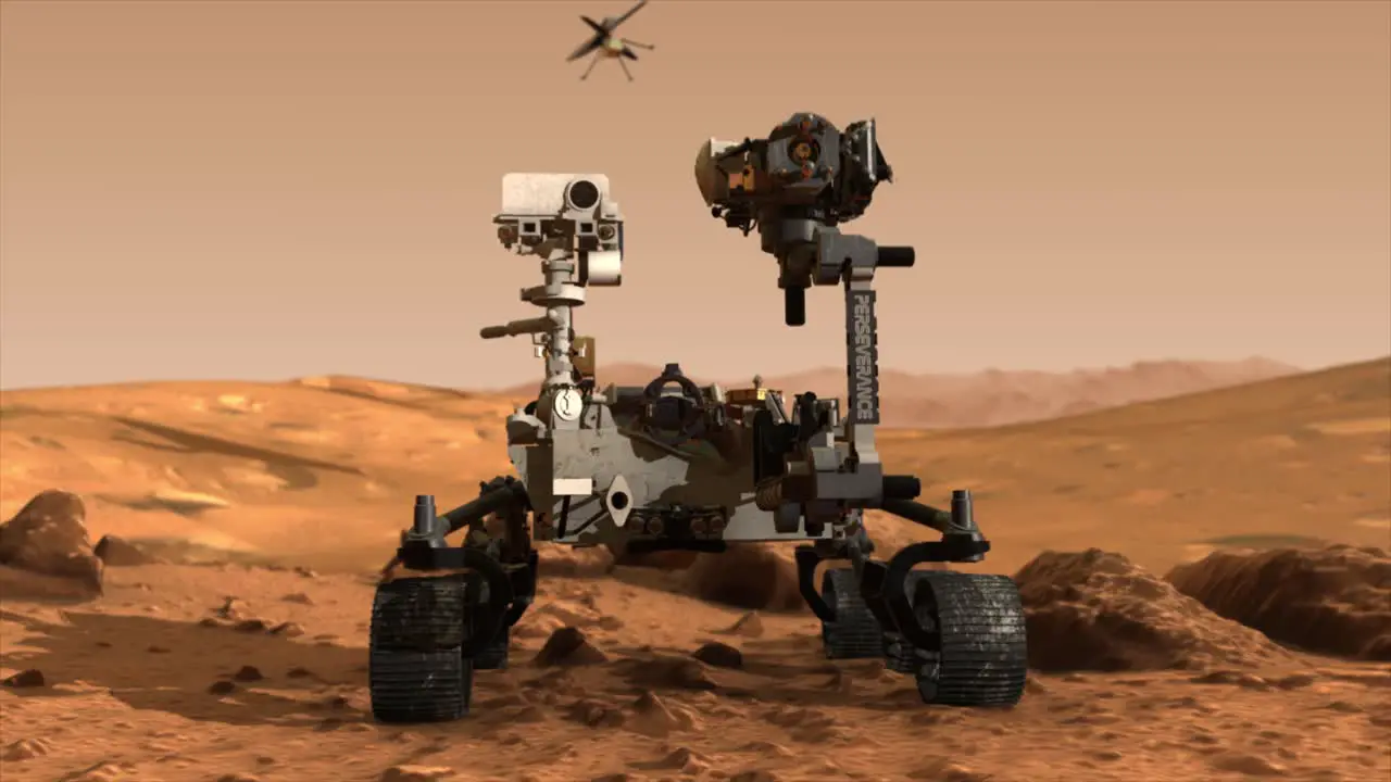 Highly photo-realistic 3D CGI animated render showing an alternate hero shot of the Mars Perseverance rover and the Ingenuity helicopter on the rocky surface of the planet Mars