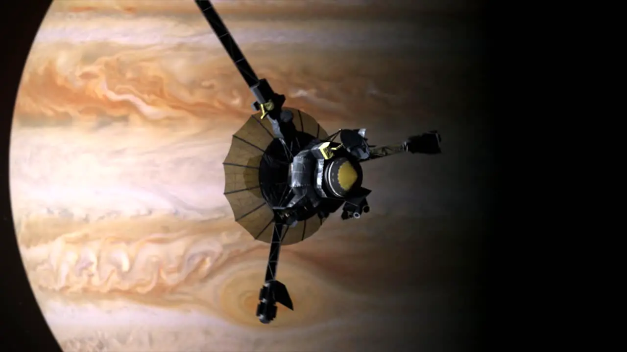 High quality 3D CGI animated render of the Galileo in orbit around the planet Jupiter as it spins slowly with the dramatic and awe inspiting red spot of Jupiter in the background