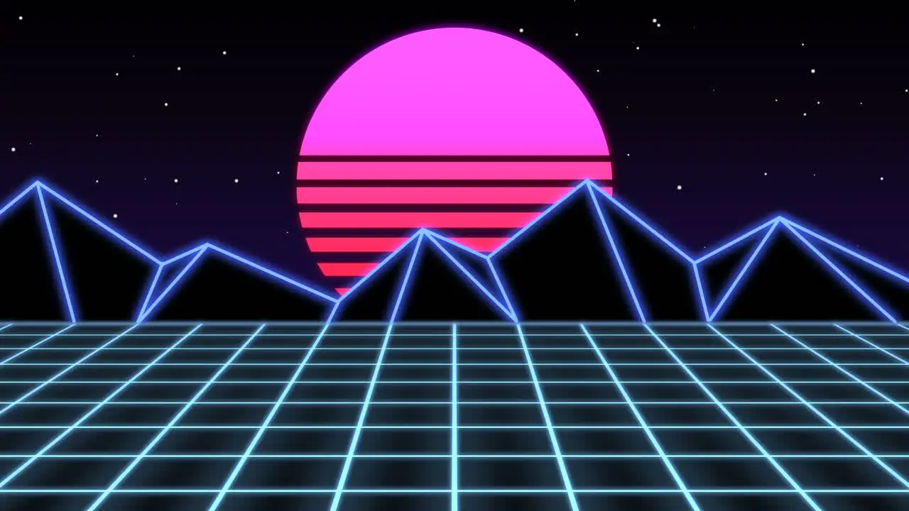 Neon mountain and moon with blue grid in galaxy