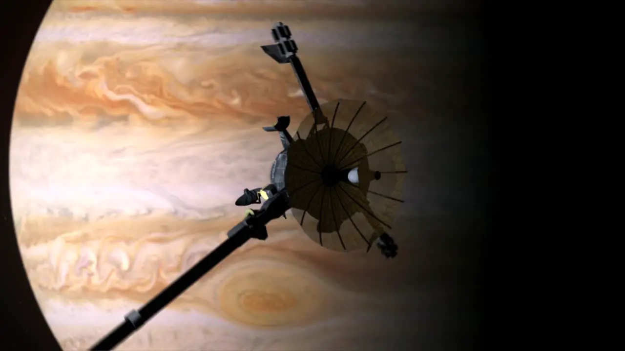 Dramatic 3D CGI animated render of the Galileo orbiter spacecraft in orbit around the planet Jupiter as it spins slowly with the famous and awe inspiring red spot of Jupiter in the background