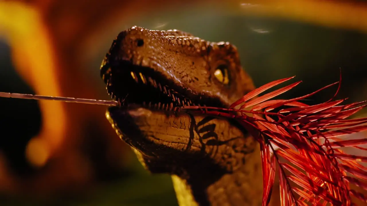 Static close up of a velociraptor robot holding a tree branch with mouth