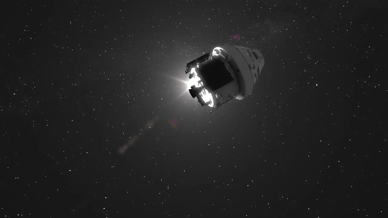 Orion Artemis Capsule Moving and Rotating Through Space Past Sun and Towards Milky Way Galaxy 3D CGI Animation 4K