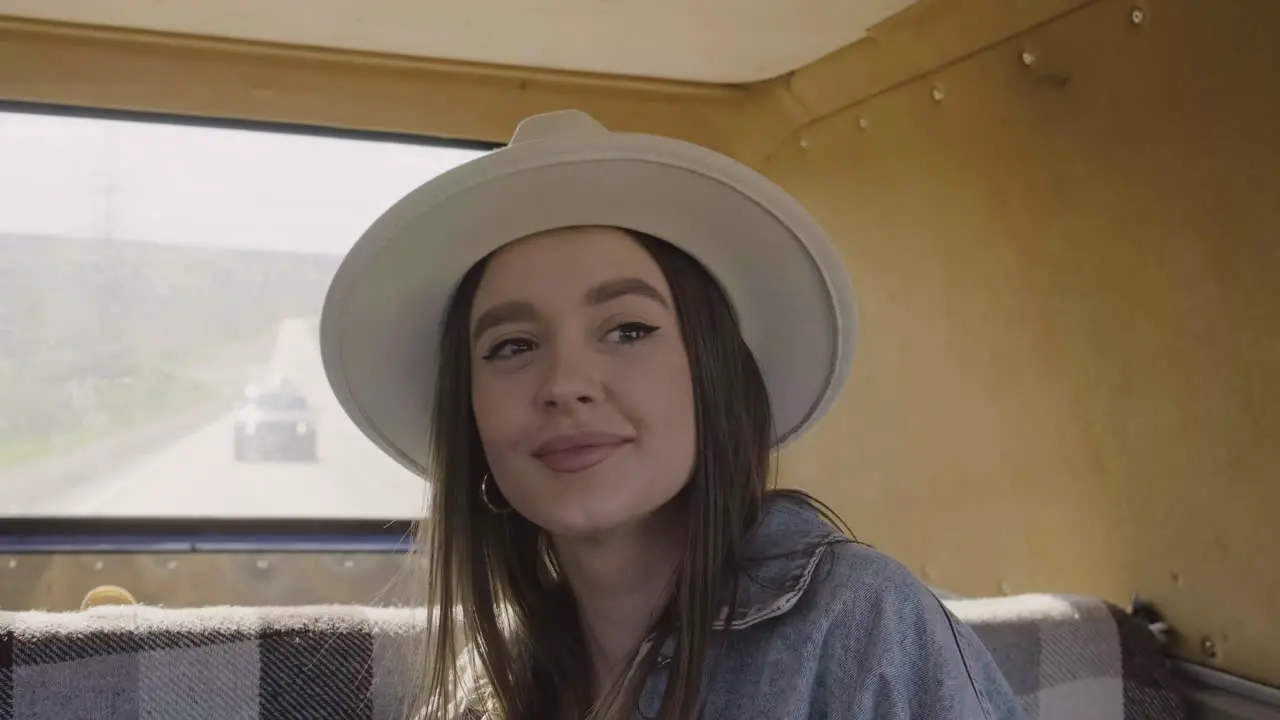 A Young Female Having Fun During A Roadtrip In The Caravan 1