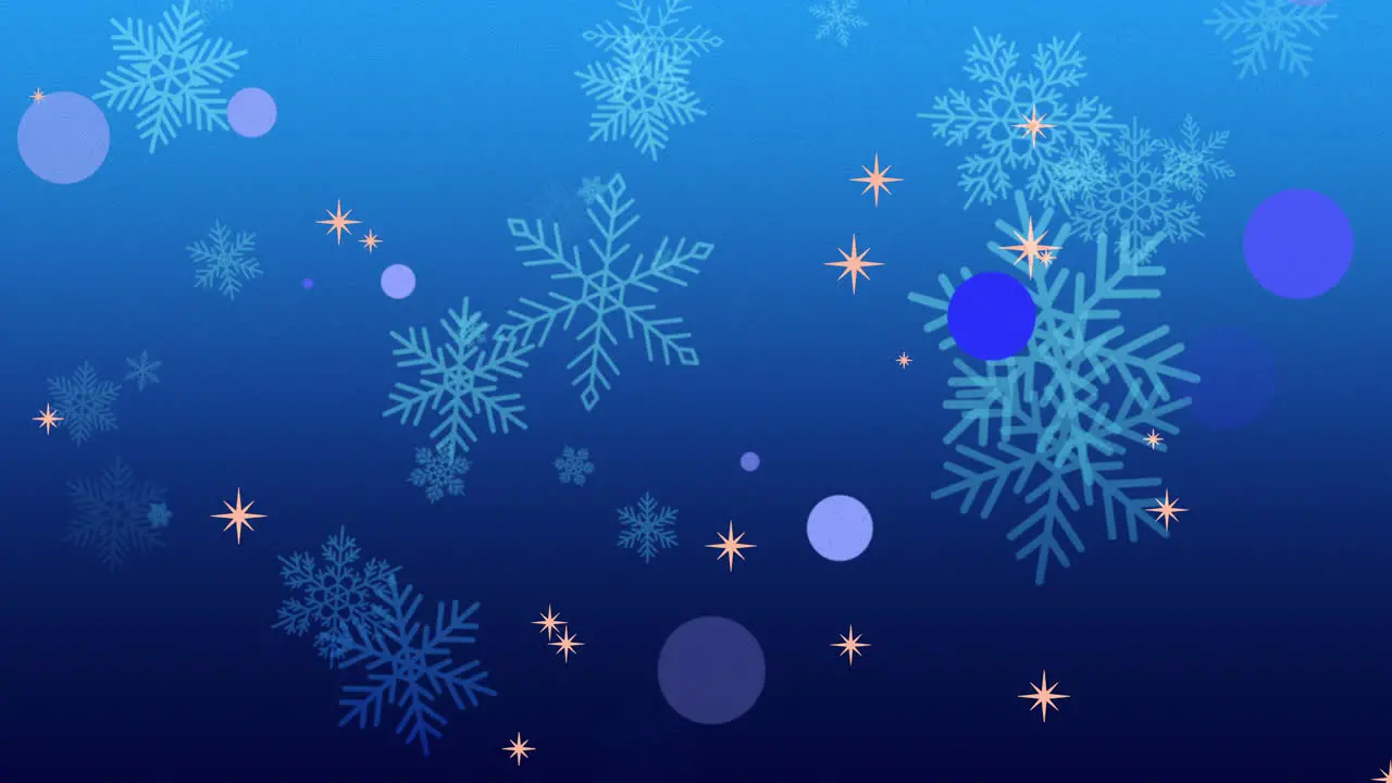 Falling snowflakes and snow with flying glitters on blue sky