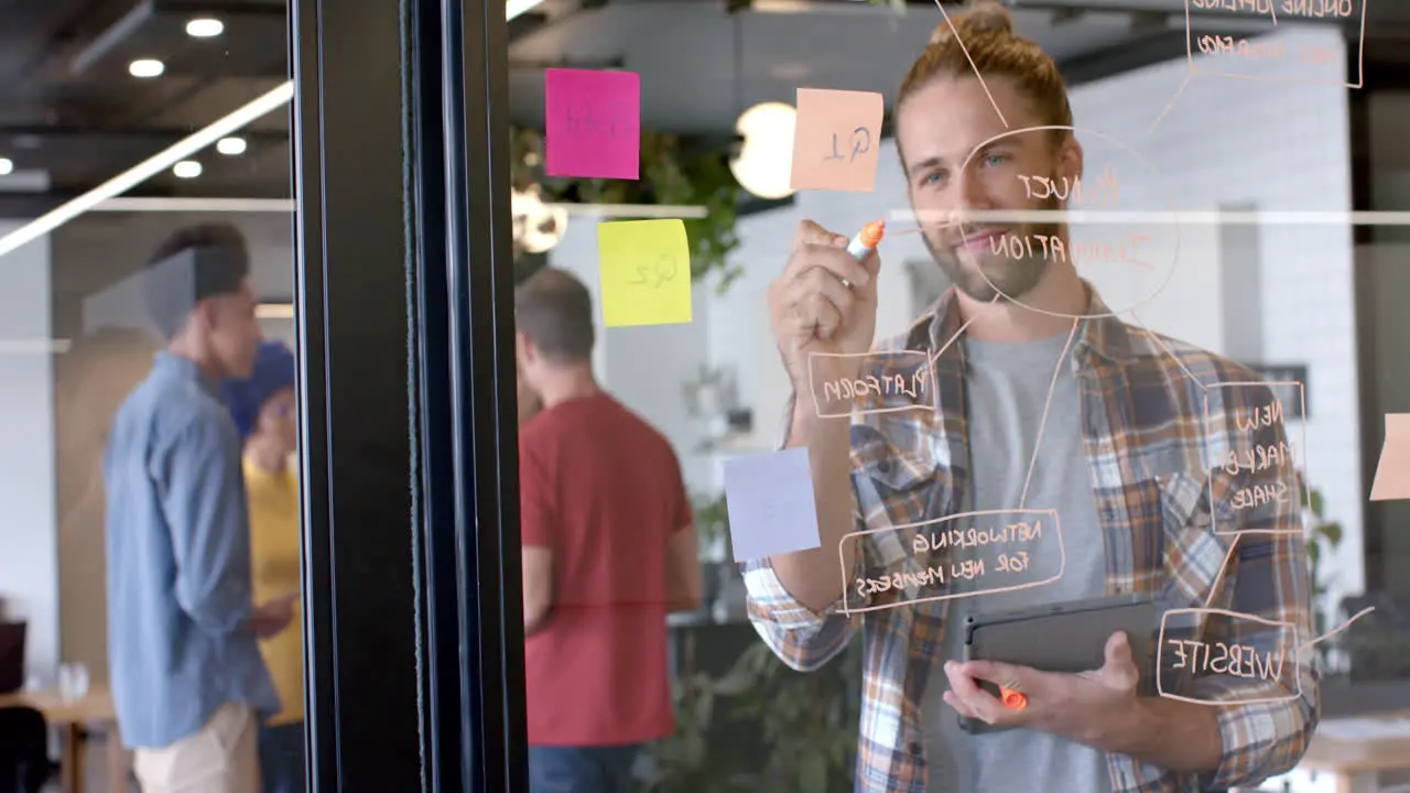 Young Caucasian man brainstorming in a casual business modern office with copy space