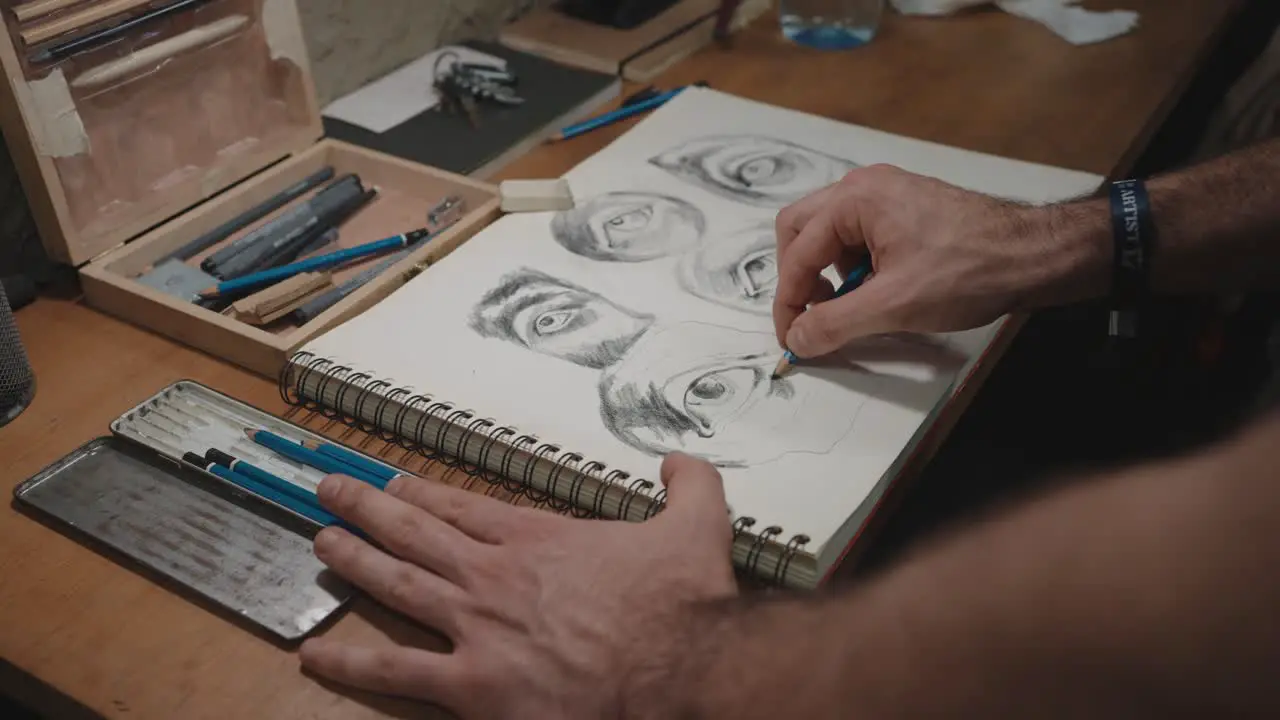 Artist Drawing Sketches with Pencil on paper Close-Up Shot of Hands