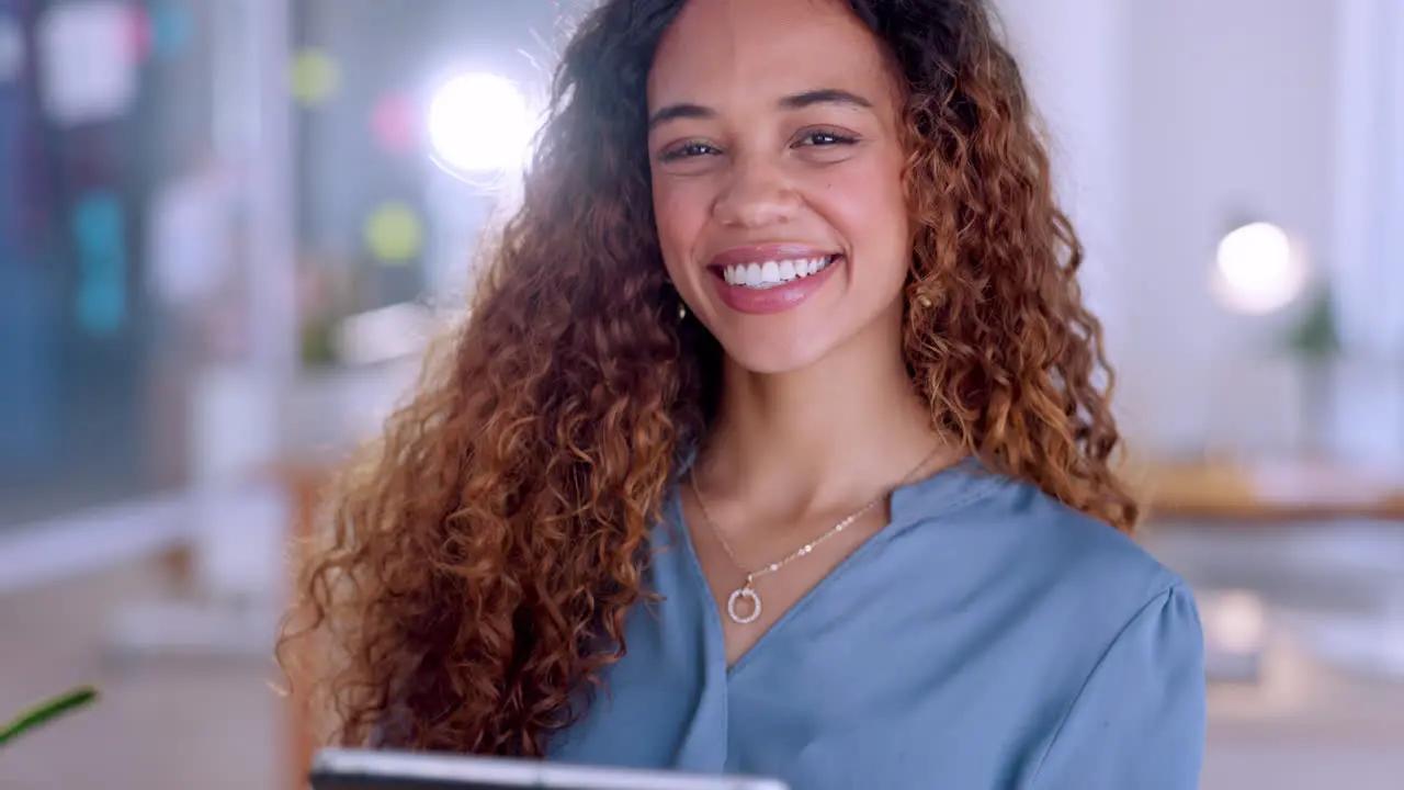 Modern office tablet and face of woman with smile