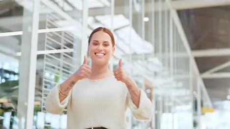 Thumbs up smile and businesswoman walking