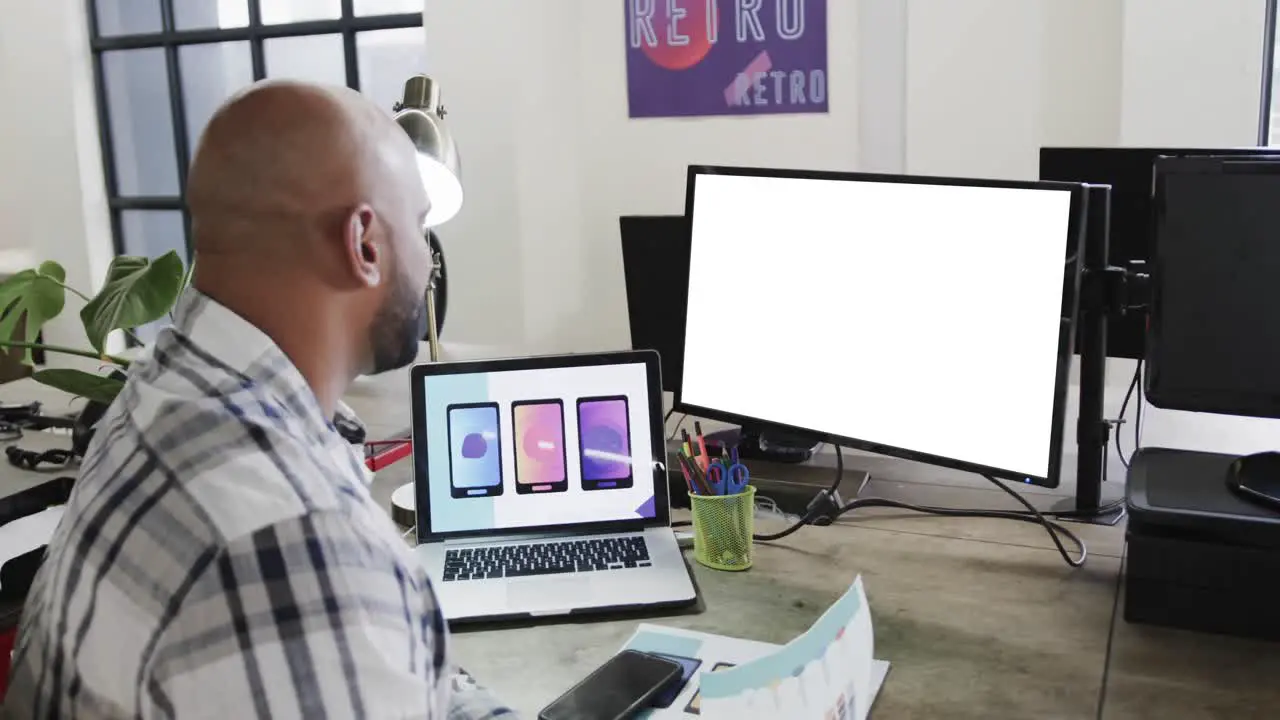 African american businessman on video call with blank screen