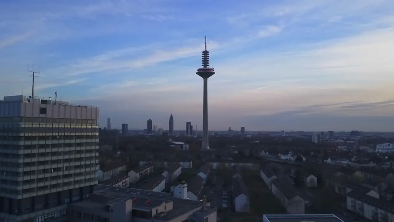 AERIAL Frankfurt am Main from far away at Sunshine