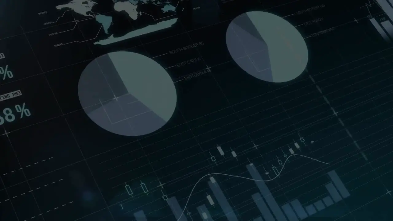 Composition of the lines of digital composite of colorful pie chart and histogram forming on screen