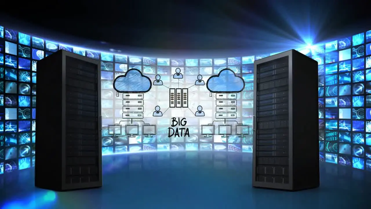 Server towers and illustration of cloud network