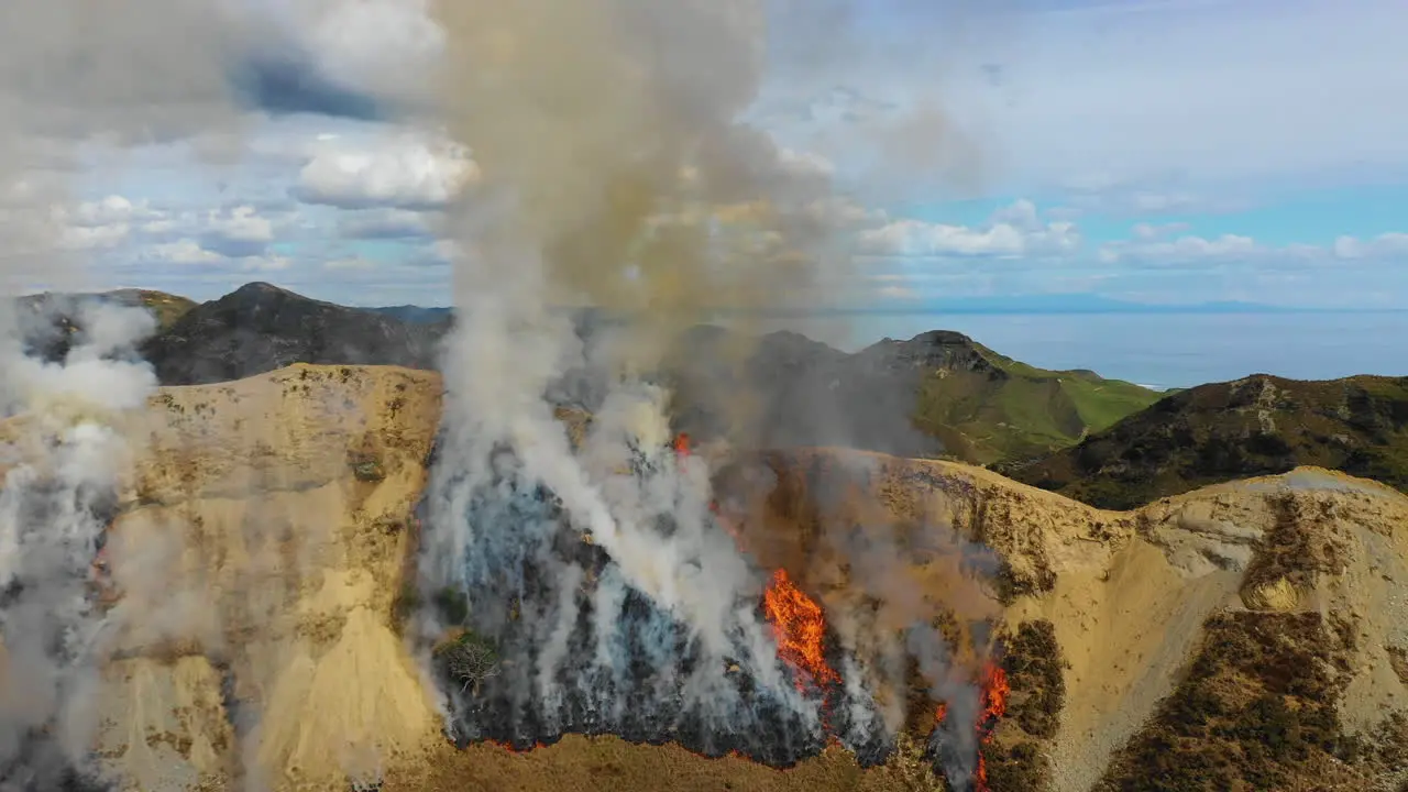 Aerial view of climate change in action as a wildfire burns up the landscape