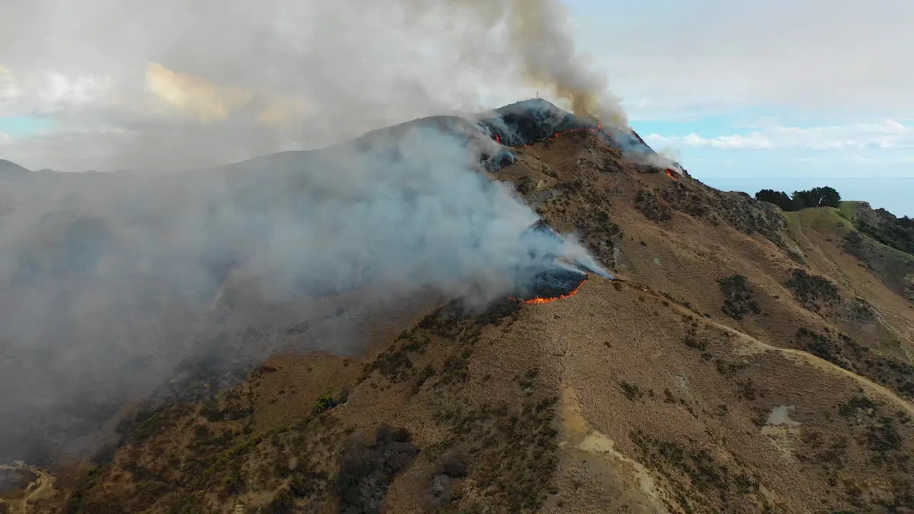 Bushfires blaze on the hilltops of New Zealand's North Island aerial view