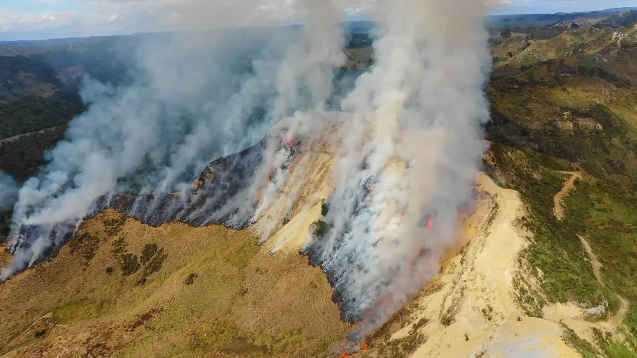 High aerial view of smoke rising from a wildfire on New Zealand's North Island