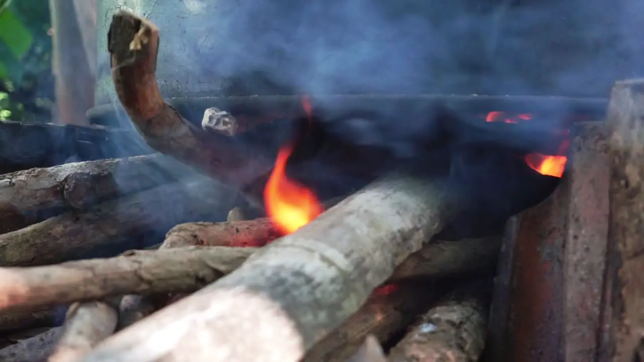 Traditional stove with wood that is burned in it and gives off a fire