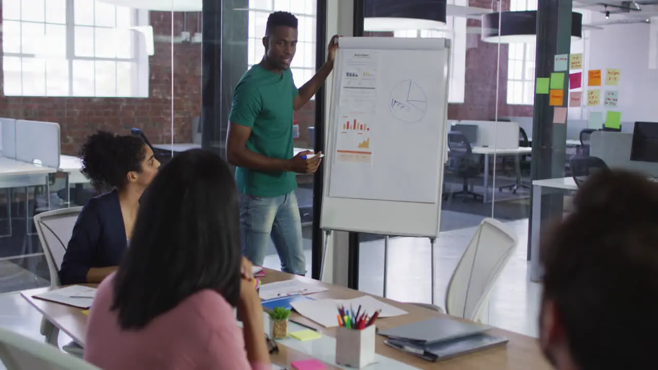 African american businessman standing near white board having presentation in front of colleuagues