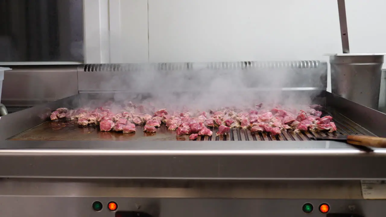 Meat strips on professional grill being grilled