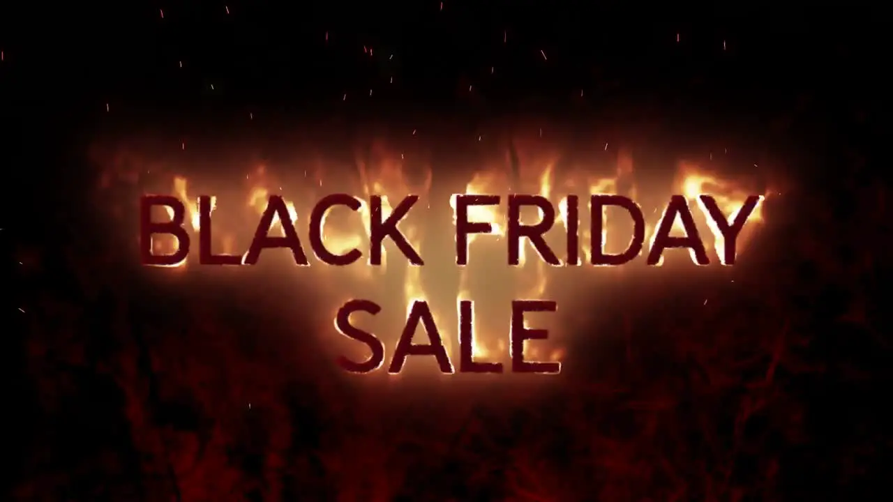 Animation of black friday sale text in burning flames over dark background