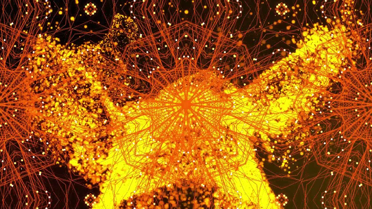 Animation of kaleidoscopic orange lines moving over yellow explosion of liquid flame